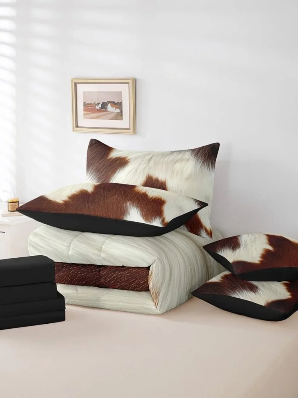 Brown Cowhide Teens Comforter Set 7 Piece Cute Cow Print Bedding Set Twin Size W